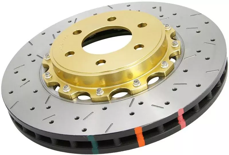 DBA 04-07 STi/2017 BRZ w/Perf. Pkg. 10 Hole Front Drilled/Slotted 5000 Series 2 Pc Rotor w/Gold Hat